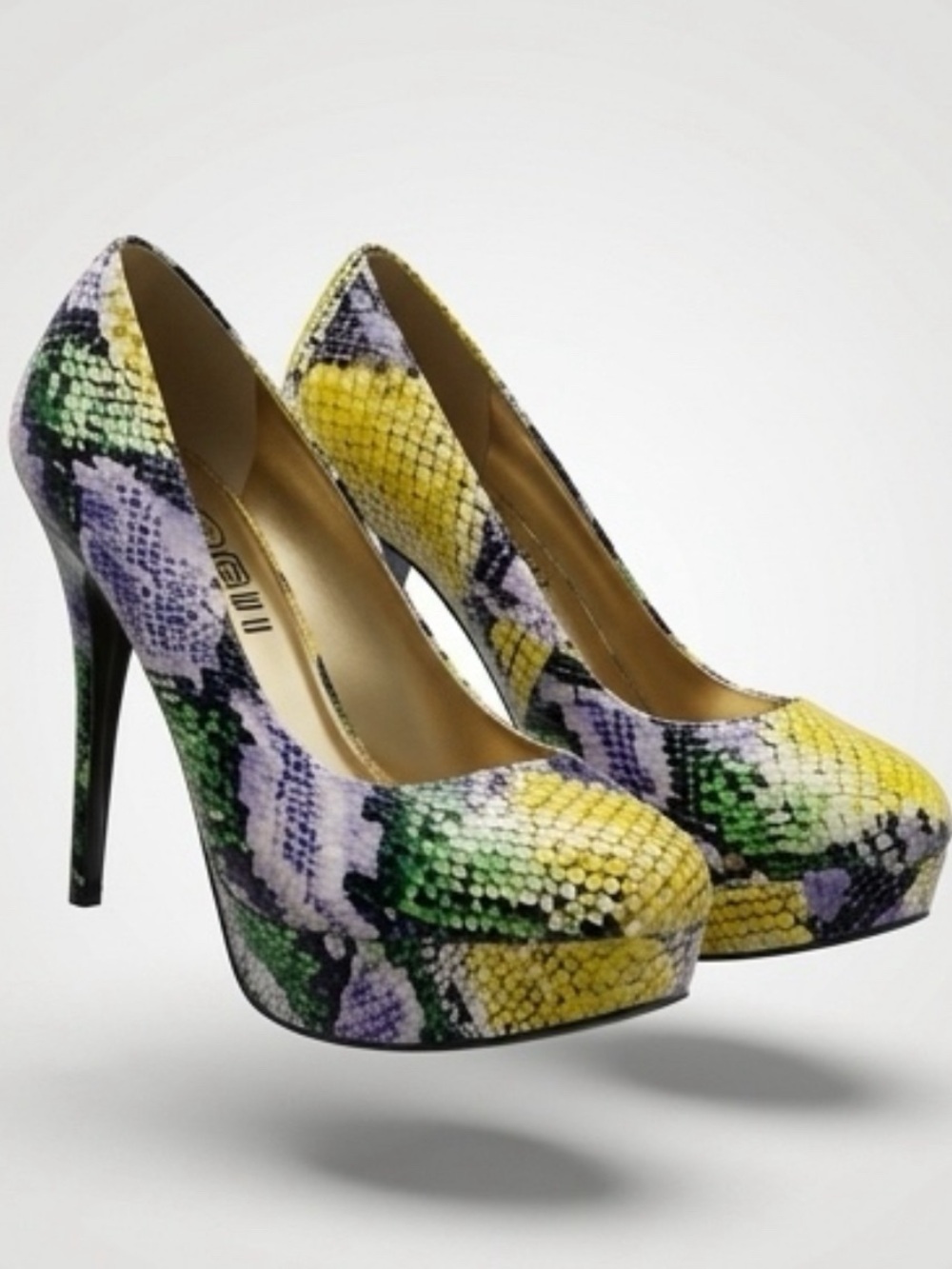 Snake-Print Platform Pumps in Yellow, Green & Purple